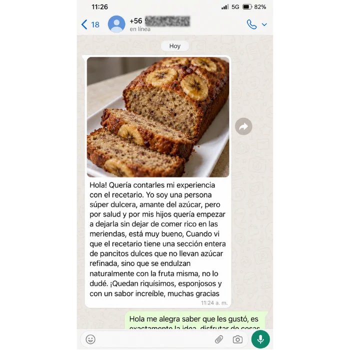 Captura real de WhatsApp de un cliente sobre sus recetas, testimonio 1