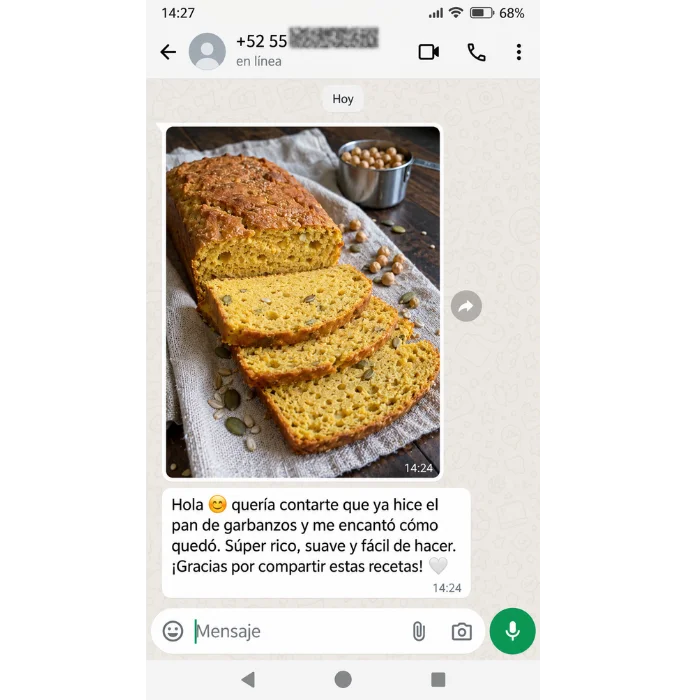 Captura real de WhatsApp de un cliente sobre sus recetas, testimonio 2